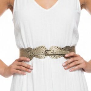 Linea Pelle Gold Leather Scalloped Cutout Waist Belt - Size M